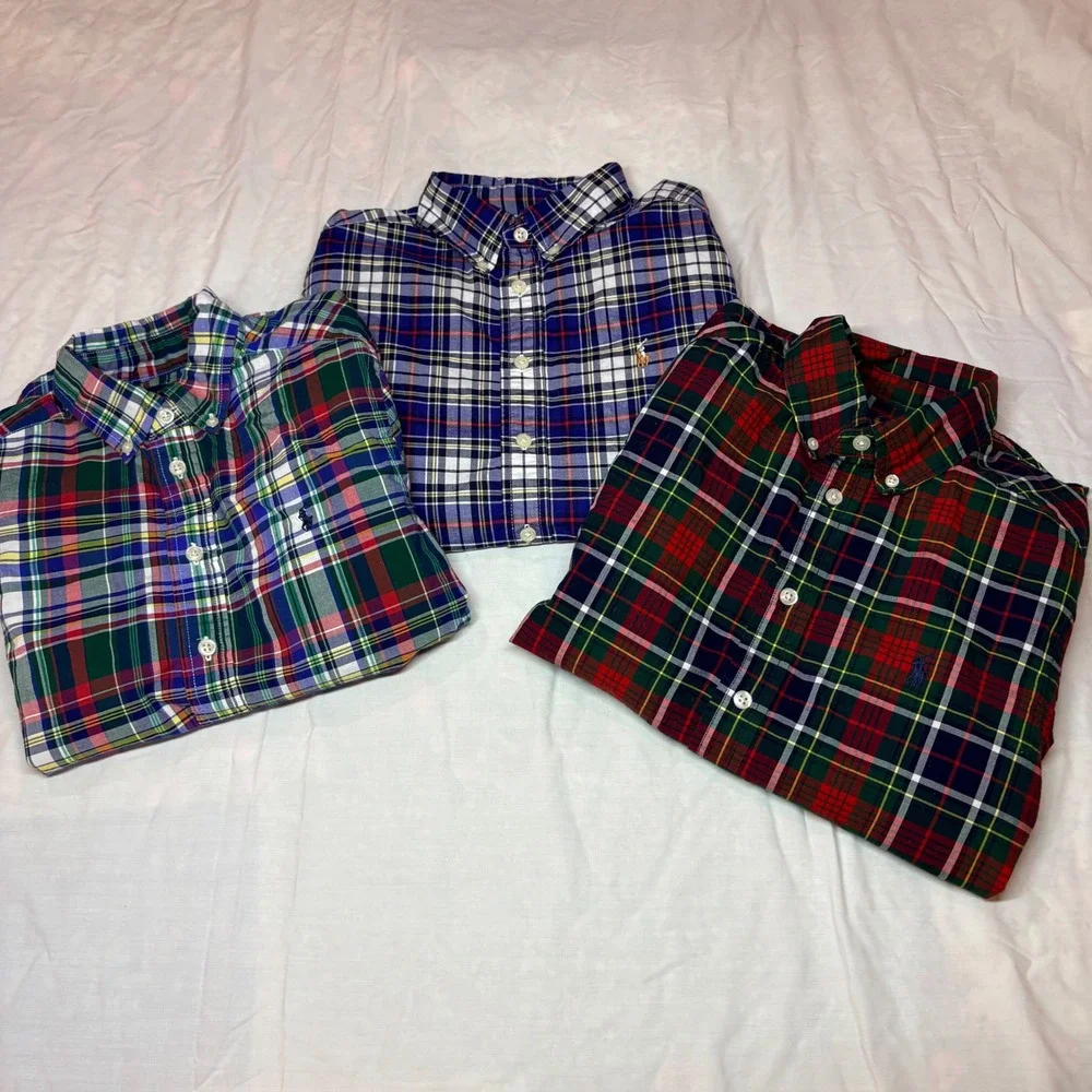 Ralph Lauren Kids Plaid Button Down Shirts Lot of 3 Natural Stretch Size M 10-12